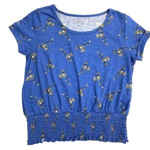 TRUE CRAFT Top Blouse Blue Floral Size 10 Smocked Waist Cuffed Short Sleeve